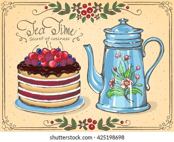 Illustration Tea Time with Berry cake and teapot. Beautiful floral frame. Freehand drawing, sketch.  Inspiration card for birthday party, tea party