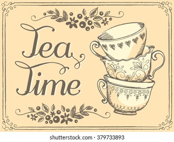 China, porcelain cup, saucer, fresh green tea leaf Stock Vector by  ©Sabelskaya 163334930