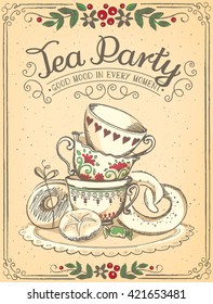 Illustration Tea Time with cute cups and bakery. Beautiful floral frame. Freehand drawing. Sketch