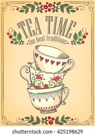 Illustration Tea Time with cute cups. Beautiful floral frame. Freehand drawing. Sketch