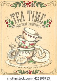 Illustration Tea Time with cute cups and bakery. Beautiful floral frame. Freehand drawing. Sketch