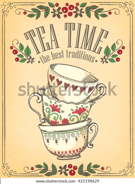 Illustration Tea Time Mit Sussen Tassen Schoner Blumenrahmen Freehand Zeichnung Skizze