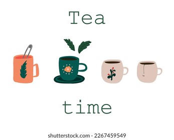 Illustration of tea time different mugs 