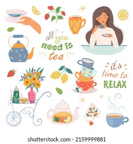 Illustration with Tea Time Girl and sweets fruits tea accessories. Freehand drawing isolated on white background