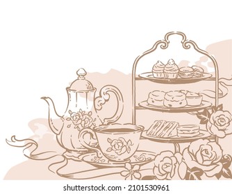 Illustration of tea time objects. Vintage style. Vector illustration.