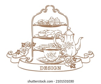 Illustration of tea time objects. Vintage style. Vector illustration.