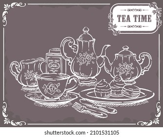 Ilustración de objetos de tiempo de té. Herramientas y bollería de época. Ilustración vectorial.