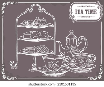 Illustration of tea time objects. Vintage tools and pastries. Vector illustration.