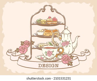 Illustration of tea time objects. Vintage style. Vector illustration.