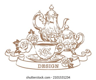 Illustration of tea time objects. Vintage style. Vector illustration.