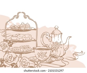 Illustration of tea time objects. Vintage style. Vector illustration.