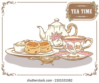 Ilustración de objetos de tiempo de té. Herramientas y bollería de época. Ilustración vectorial.