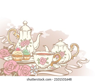 Illustration of tea time objects. Vintage style. Vector illustration.