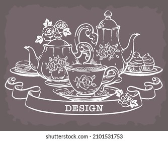 Illustration of tea time objects. Vintage style. Vector illustration.