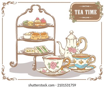 Illustration of tea time objects. Vintage tools and pastries. Vector illustration.