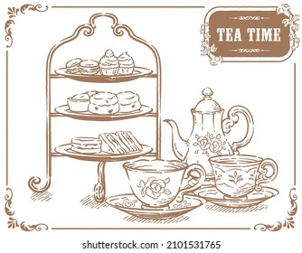 Illustration of tea time objects. Vintage tools and pastries. Vector illustration.