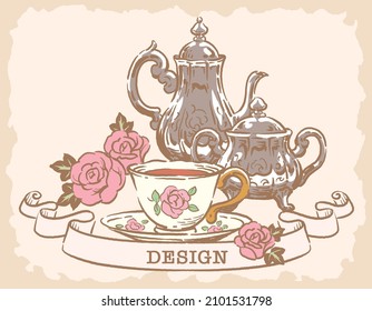 Illustration of tea time objects. Vintage style. Vector illustration.