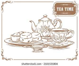 Ilustración de objetos de tiempo de té. Herramientas y bollería de época. Ilustración vectorial.