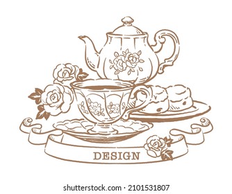 Illustration of tea time objects. Vintage style. Vector illustration.