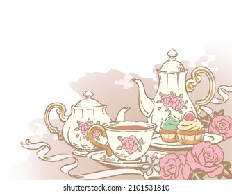 Illustration of tea time objects. Vintage style. Vector illustration.