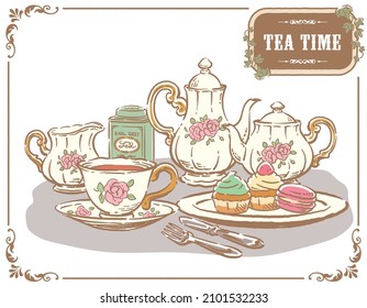 Illustration of tea time objects. Vintage tools and pastries. Vector illustration.