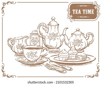 Illustration of tea time objects. Vintage tools and pastries. Vector illustration.