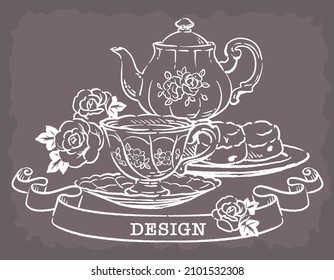 Ilustración de objetos de tiempo de té. Estilo vintage. Ilustración vectorial.
