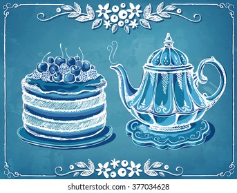 Illustration Tea Time with teapot berry cake. Invitation to the tea party or birthday. Floral frame. Freehand drawing with imitation of chalk sketch 