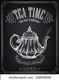 Illustration Tea time with teapot. Freehand drawing with imitation of chalk sketch 
