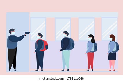 Illustration eines Lehrers, der die Temperatur in der Schule während der Korona-Pandemie überprüft, die Schüler einen Test mit einer Thermowaffe durchgeführt.