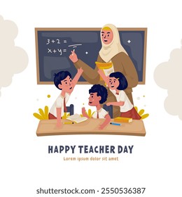 Illustration of a teacher discussing with students, Happy teacher day greeting cards, Education vector illustration