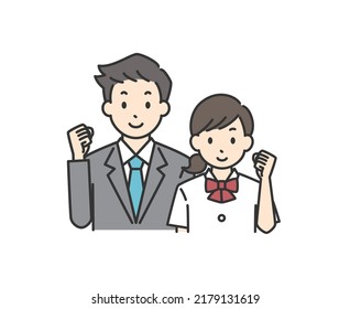 Illustration of a teacher and a female student doing a guts pose (summer clothes).