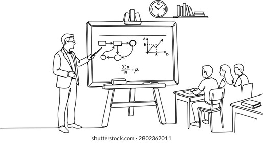 Illustration of teacher is giving lesson on old school blackboard, college or school learning in classroom, hand drawn outline vector illustration.