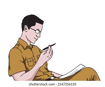 illustration of a teacher holding a pen and paper correcting work
