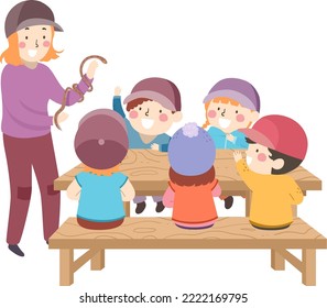 Illustration of Teacher Introducing an Animal Snake in Science Camp while Kids Sitting on Bench with Table