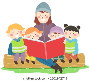 Illustration of a Teacher Reading a Book to Kids Sitting Down a Log Bench