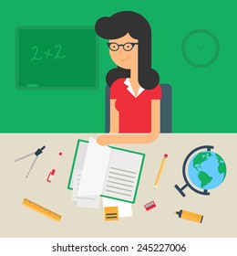 Illustration of a teacher sitting at the table, flat style 