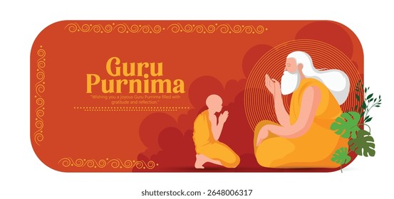 Ilustração de um professor e estudante celebrando o Guru Purnima, uma tradição que honra o vínculo guru-discípulo preenchido com respeito e reverência em um ambiente espiritual e cultural.