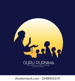 Ilustração de um professor e estudante celebrando o Guru Purnima, uma tradição que honra o vínculo guru-discípulo preenchido com respeito e reverência em um ambiente espiritual e cultural.