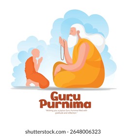 Ilustração de um professor e estudante celebrando o Guru Purnima, uma tradição que honra o vínculo guru-discípulo preenchido com respeito e reverência em um ambiente espiritual e cultural.