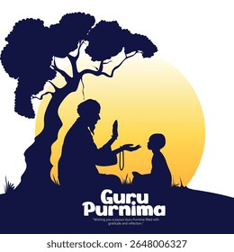 Ilustração de um professor e estudante celebrando o Guru Purnima, uma tradição que honra o vínculo guru-discípulo preenchido com respeito e reverência em um ambiente espiritual e cultural.