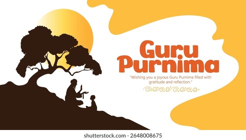 Ilustração de um professor e estudante celebrando o Guru Purnima, uma tradição que honra o vínculo guru-discípulo preenchido com respeito e reverência em um ambiente espiritual e cultural.