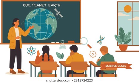 An illustration of a teacher and students in a science classroom with a chalkboard displaying planet Earth, surrounded by science symbols and a window with a plant