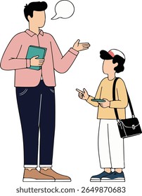 Illustration of a teacher talking to a student, holding a book and gesturing while the student listens with a tablet.
