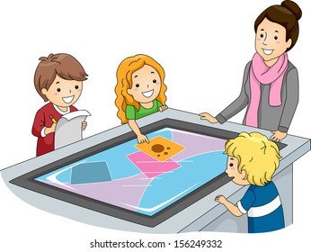 Illustration of a Teacher Watching Over Kids Using an Interactive Surface Table