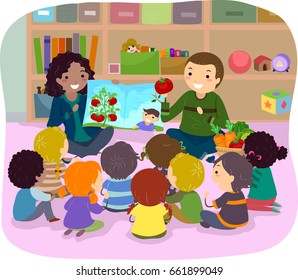 Illustration of Teachers Showing Local Produce and a Story Book in Class