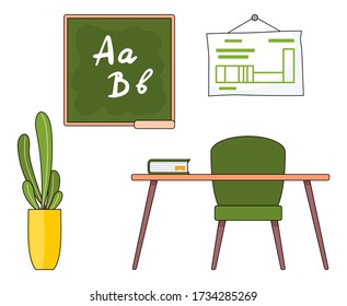 Illustration of teacher's workplace in a cartoon style. Back to school concept, education theme. School class or study room, a chair and a table with book, a poster and a school board on the wall