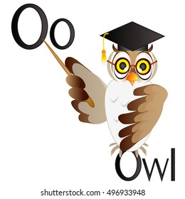 Illustration for teaching children the English alphabet with cartoon owl teacher. The letter O.