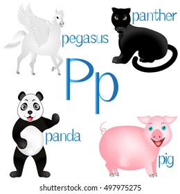 Illustration for teaching children the English alphabet with cartoon animals. The letter P.