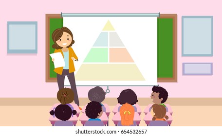 Illustration of a Teaching Talking about the Food Pyramid in Class with the Kids